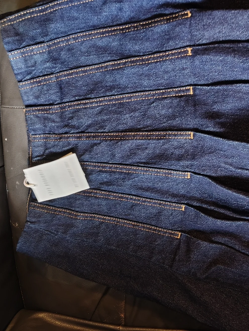 Pleated Dark Blue Denim A-Line Skirt - Picture 2 of 2
